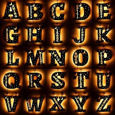 Custom Engraved Wooden Letter Night Light – USB LED Lamp with Stars & Moon, Modern Uplight, Wall Mount or Freestanding