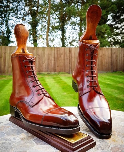 Handmade Men Brown Leather Ankle High Lace up Dress Boot