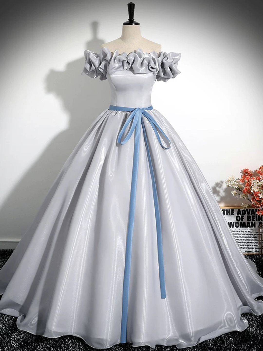 Silver Organza Long A-Line Prom Dress, Off the Shoulder Evening Party Dress