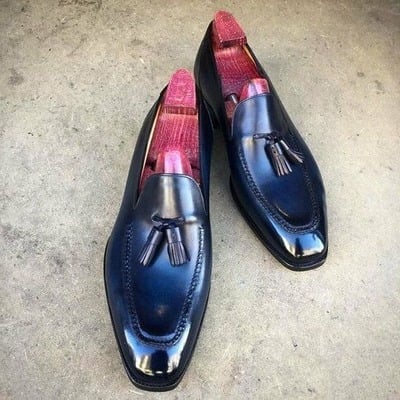 Handmade Men Blue Calf Leather Tassel Loafers Dress Wedding Shoes