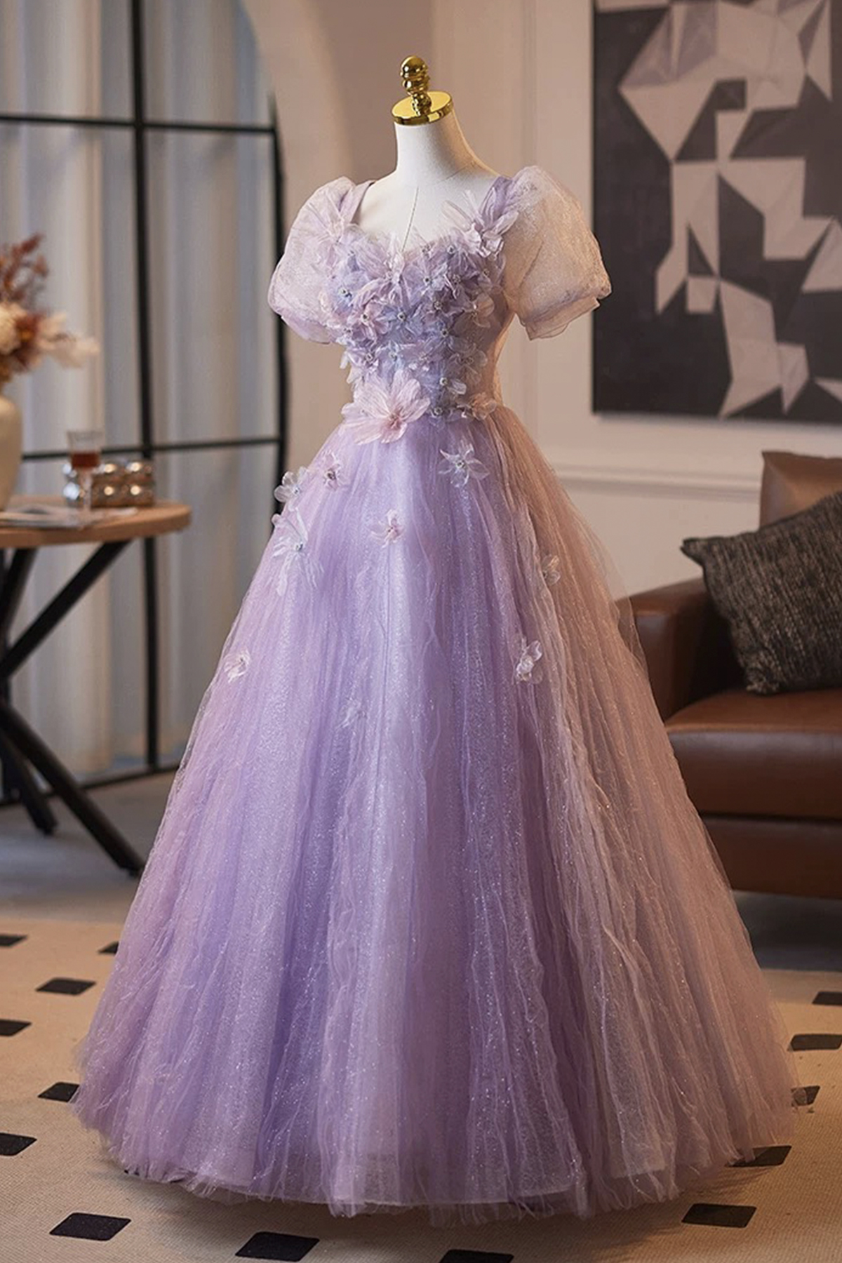 Purple Tulle Flower Long A-Line Prom Party Dress