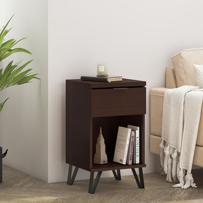 1-Drawer Tall End Table Nightstand – Walnut Finish, Industrial Style, Storage Shelf & Drawer, MDF & Iron Legs, Modern Bedside Table