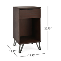 1-Drawer Tall End Table Nightstand – Walnut Finish, Industrial Style, Storage Shelf & Drawer, MDF & Iron Legs, Modern Bedside Table - Thumbnail 3