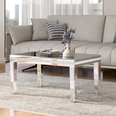 Modern Mirrored Glass Coffee Table – Silver Cocktail Table with Crystal Design, Adjustable Legs, Easy Assembly, 35.4” x 23.6”