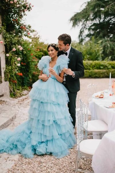 Blue Ball Gown Tiered Beach Boho Wedding Dress Bridal Gown Wedding Gown
