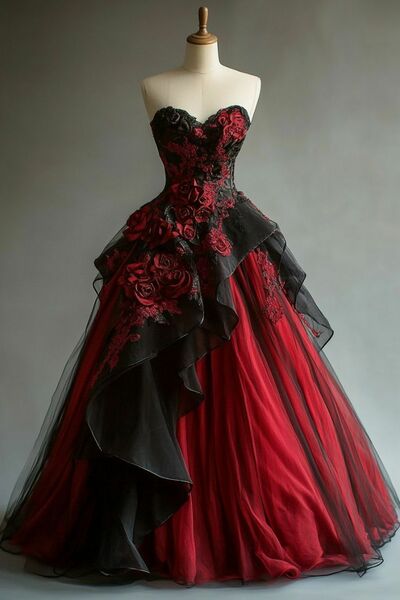 Gothic Ball Gown Burgundy and Black Handmade Flowers Wedding Dress Bridal Gown Wedding Gown