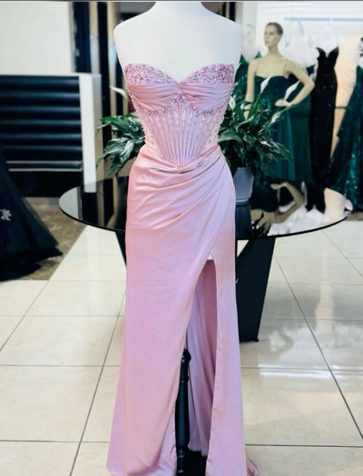 Elegant Pink Shiny Exquisite Beaded Long Slit Evening Dresses