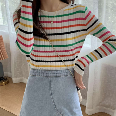 Rianbow colorful striped long sleeve pullover knitted top - Thumbnail 1