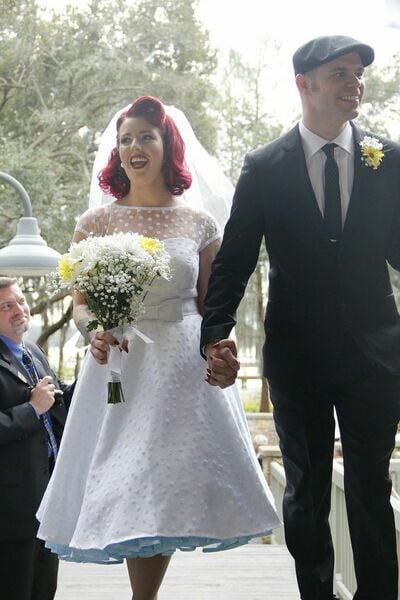 Simple A Line Polka Dots Tea-length Wedding Dress Bridal Gown Wedding Gown