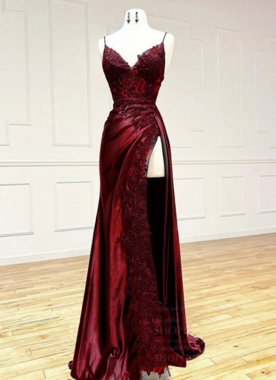 Straps Wine Red V Neck Satin Lace Long Prom Dresses