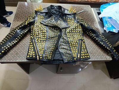 Crafted Leather New Handmade Punk Long Spiked Golden Studded Brando Black Adorable Leather Jacket