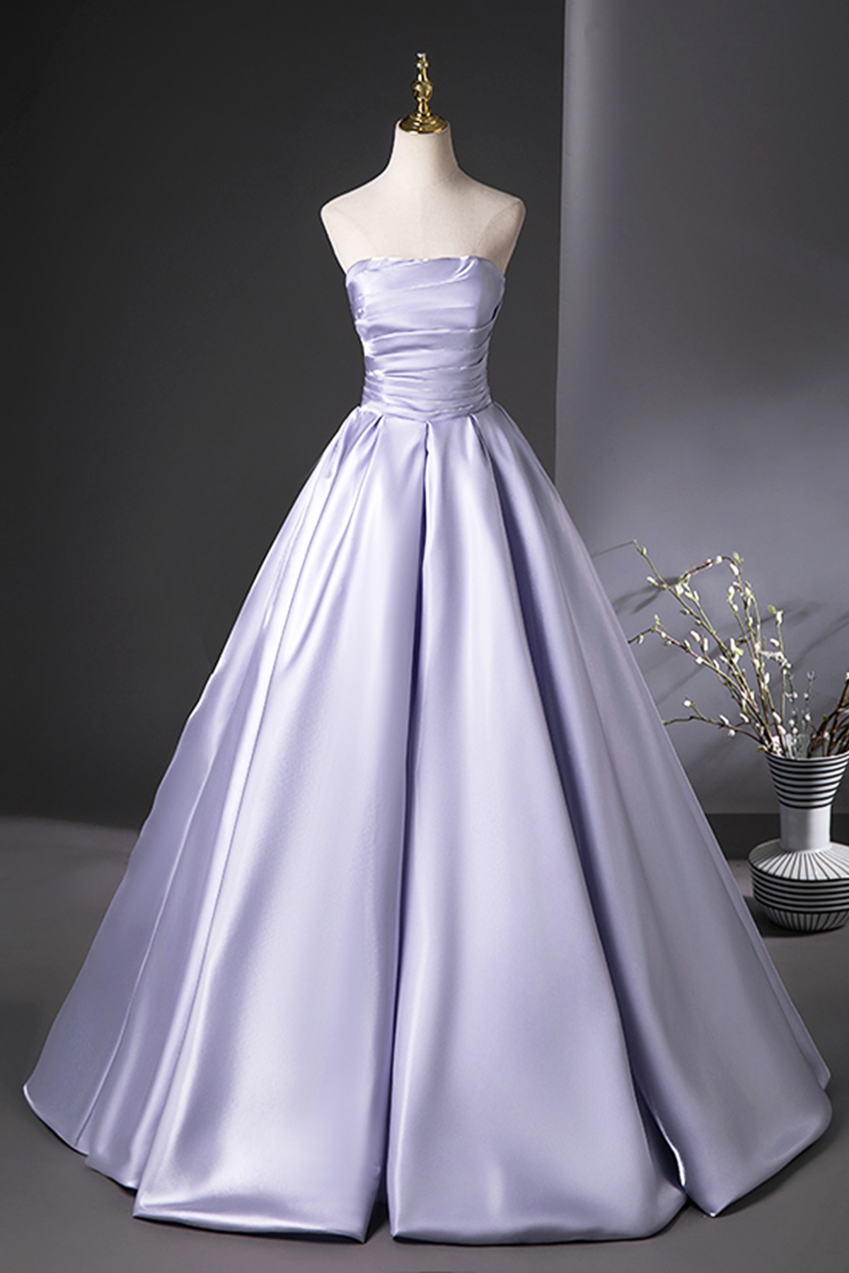 Lilac Satin Long A-Line Prom Dress, Beautiful Strapless Party Dress