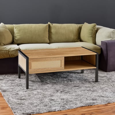 40.16" Rattan Coffee Table with Sliding Door Storage, Metal Legs – Modern Rectangular Living Room Table, Natural Finish