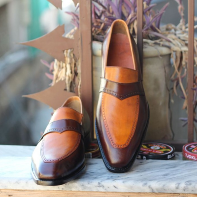 Handmade men brown tan calf leather moccasin formal loafers dress wedding shoes  - Thumbnail 2