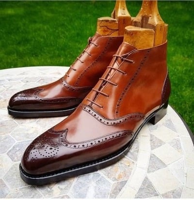 Handmade Men Brown Leather Ankle High Boot