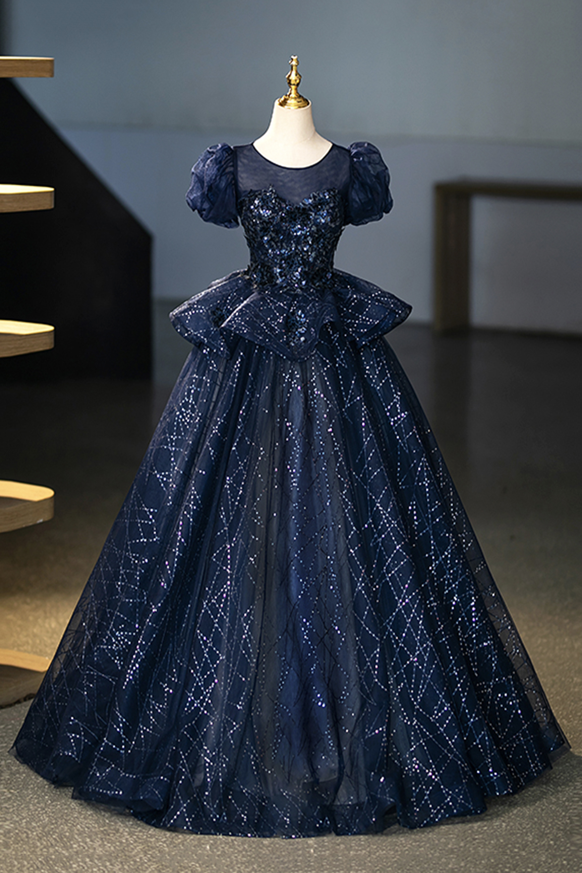 Navy Tulle Sequins Long Prom Party Dress, Elegant A-Line Evening Dress