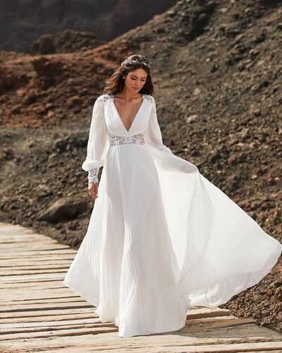 Simple A Line Deep V-neck Long Sleeve Chiffon Wedding Dress Bridal Gown Wedding Gown