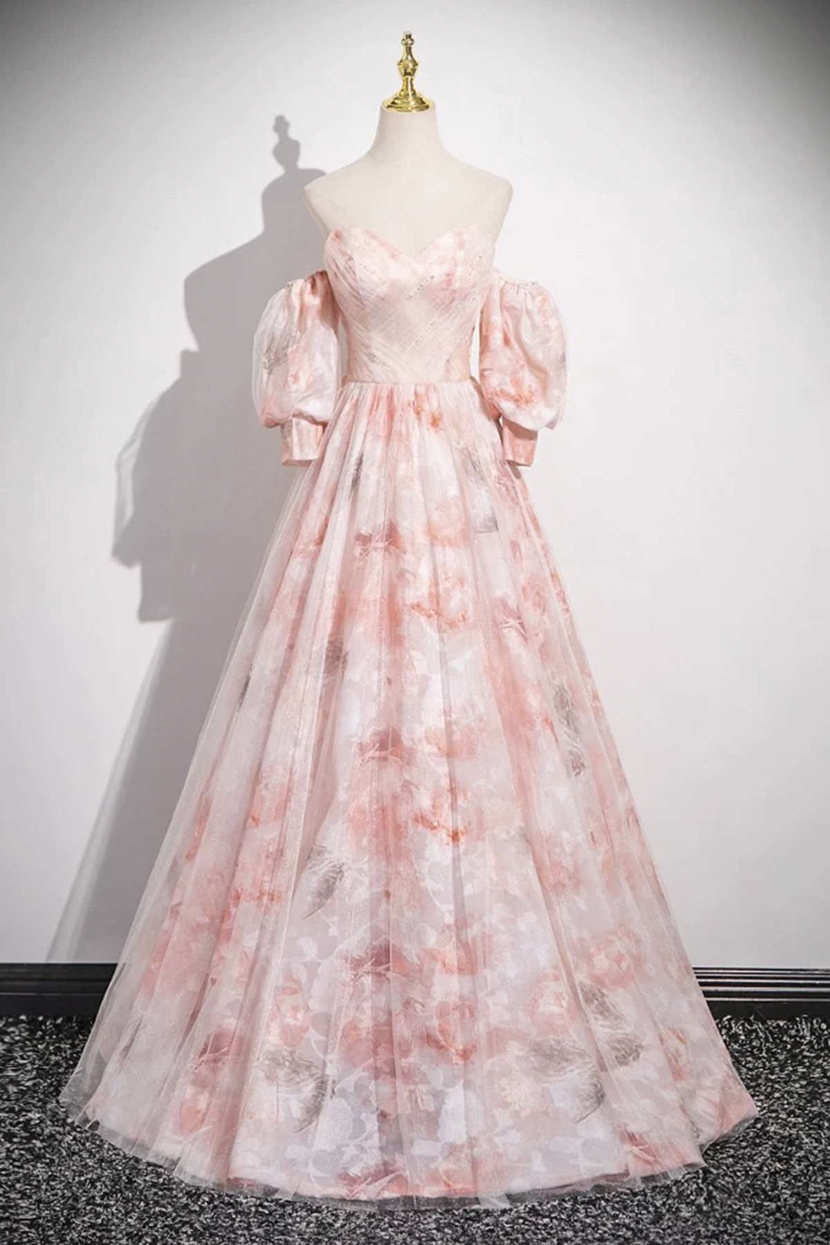 Pink Tulle Printed Long Prom Dress, Beautiful A-line Party Dress