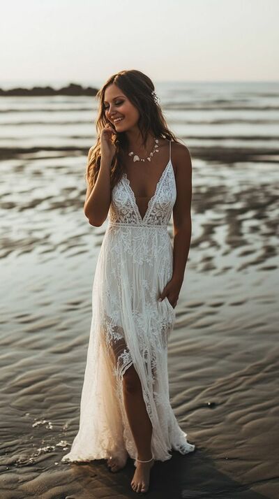 Simple A Line Lace Side Slit Wedding Dress Bridal Gown Wedding Gown