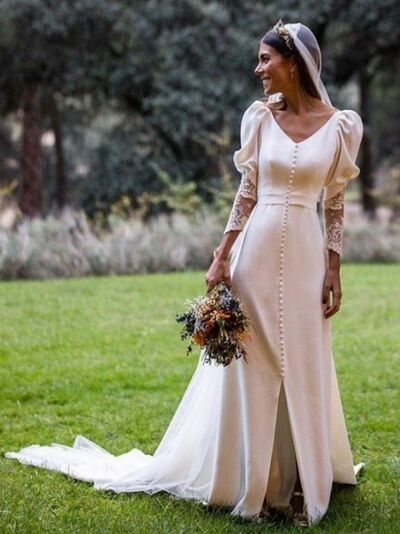 Simple Sheath 3/4 Long Sleeve Lace Wedding Dress Bridal Gown Wedding Gown