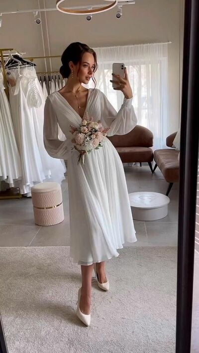 Simple A Line Chiffon Tea-length Wedding Dress Bridal Gown Wedding Gown