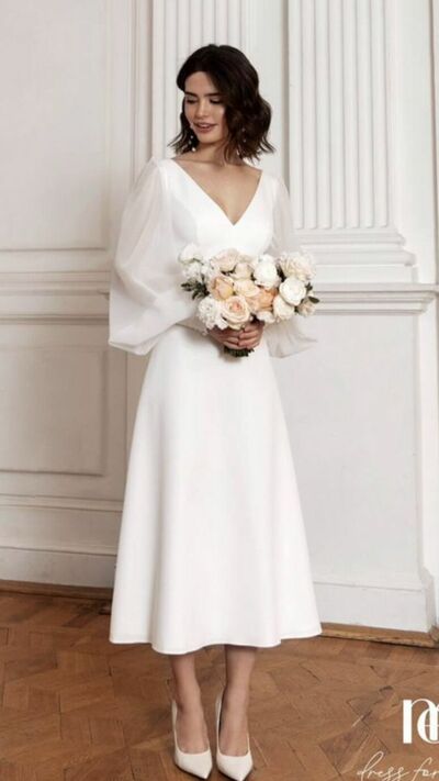 Simple A Line Chiffon Tea-length Beach Boho Wedding Dress Bridal Gown Wedding Gown