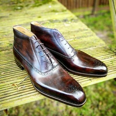 Handmade Men Dark Brown Patina Leather Chukka Lace up Boot