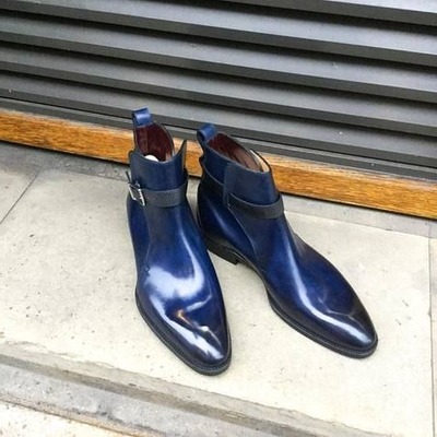 Handmade Men Blue Patina Leather Jodhpur Strap Dress Boot