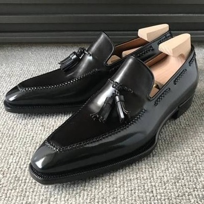 Handmade men black leather tassel loafers dress shoes - Thumbnail 2