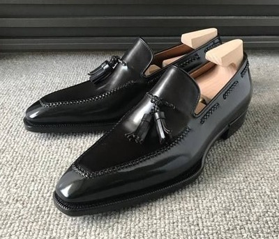 Handmade Men Black Leather Tassel Loafers Dress Shoes