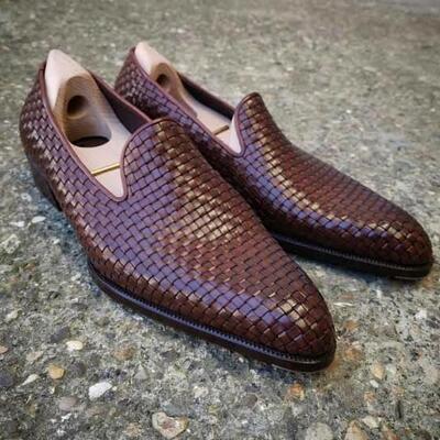 Handmade men brown woven leather dress shoes - Thumbnail 3
