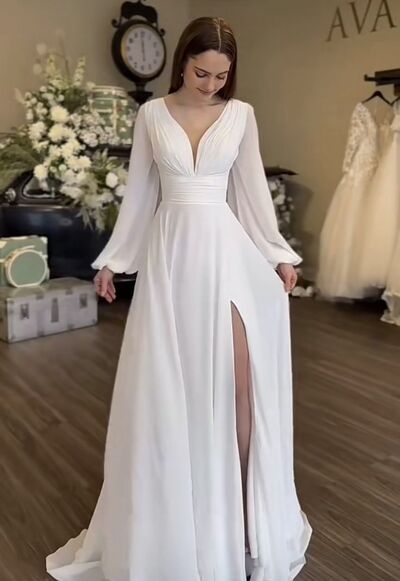 Simple A Line Long Sleeve Chiffon Beach Boho Wedding Dress Bridal Gown Wedding Gown