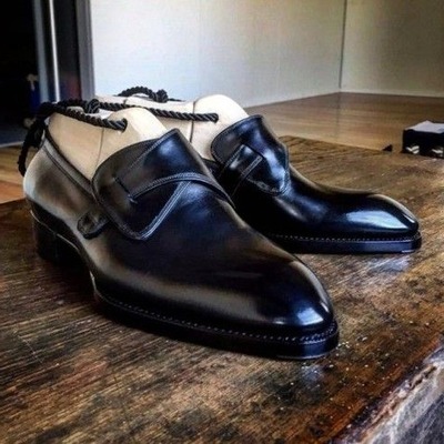 Handmade Men Black Calf Leather Moccasin Loafers Dress Shoes
