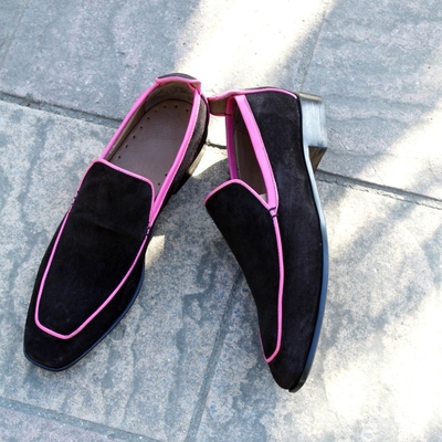 Crafted leather handmade men black suede leather loafers dress shoes - Thumbnail 3