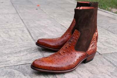 Handmade Men Brown Ostrich Suede Leather Ankle High Cowboy Boot