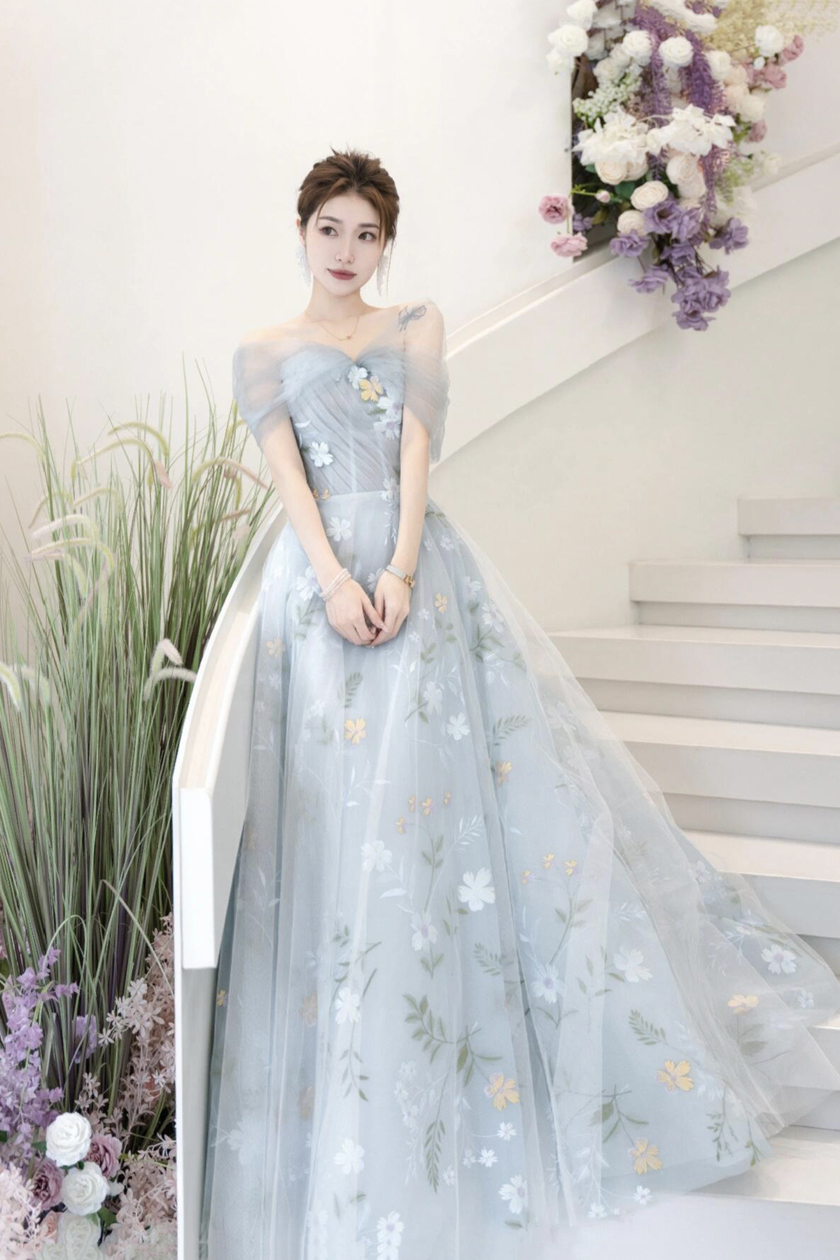Blue Floral Tulle Floral Long Prom Dress, Beautiful A-line Party Dress