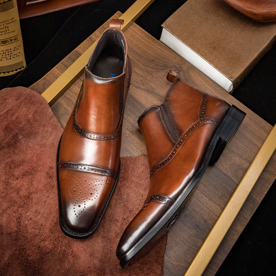 Martin boots men high top shoes carved leather chelsea boots  - Thumbnail 1