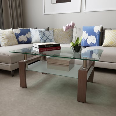 Modern Rectangle Walnut Glass Coffee Table – Clear 2-Tier Center Table for Living Room