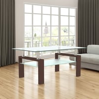 Modern Rectangle Walnut Glass Coffee Table – Clear 2-Tier Center Table for Living Room - Thumbnail 1
