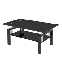 Black Tempered Glass Coffee Table – 2-Layer Modern Storage Tea Table with Metal Legs - Thumbnail 2