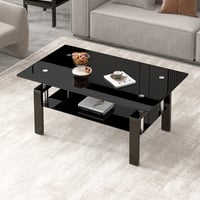 Black Tempered Glass Coffee Table – 2-Layer Modern Storage Tea Table with Metal Legs - Thumbnail 3
