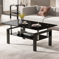 Black Tempered Glass Coffee Table – 2-Layer Modern Storage Tea Table with Metal Legs - Thumbnail 5