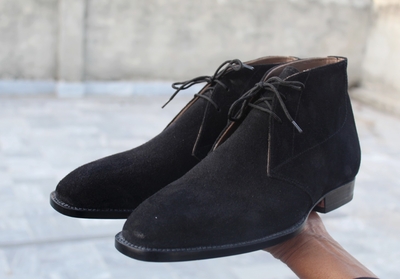 Handmade Men Black Suede Leather Chukka Lace up Dress Boot