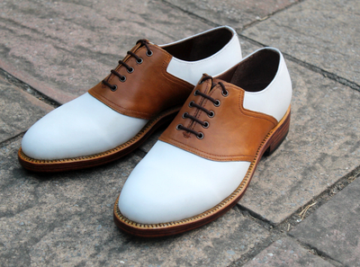 Handmade Men Two-Tone Calf Saddle Golf Shoes