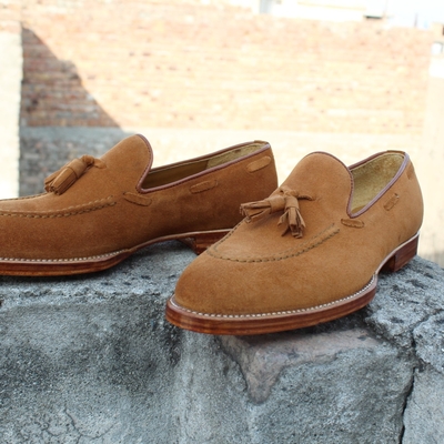 Crafted leather classic brown suede leather tassel loafers dress shoes - Thumbnail 1