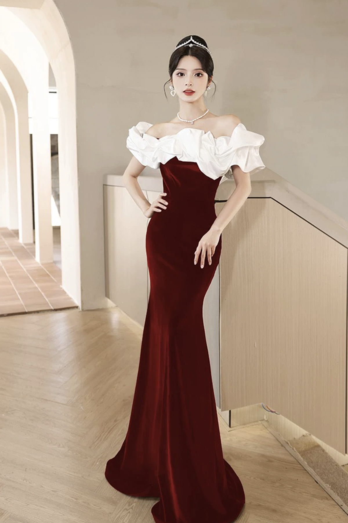 White and Burgundy Velvet Long Mermaid Prom Party Dress