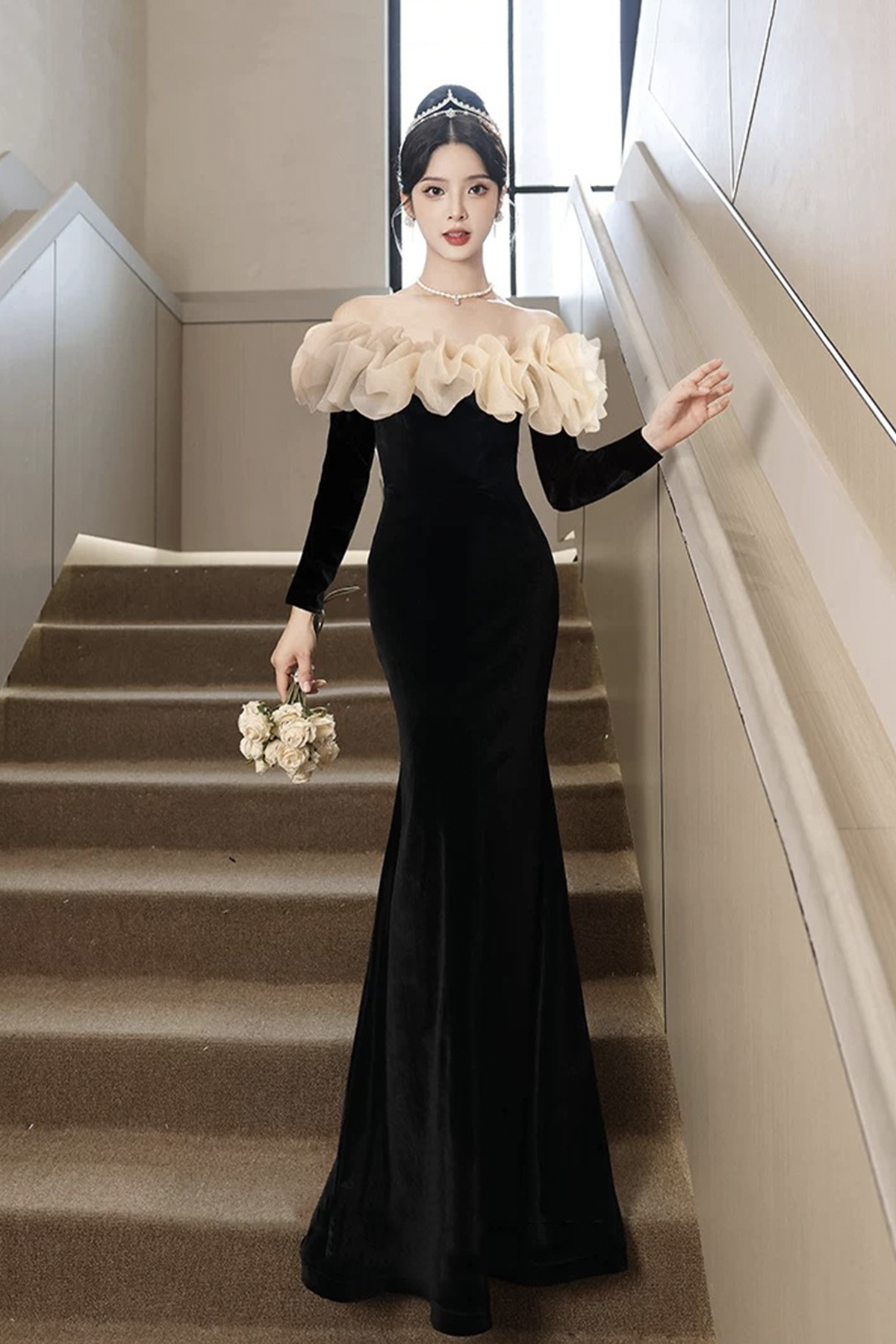 Black Mermaid Velvet Long Sleeve Prom Party Dress