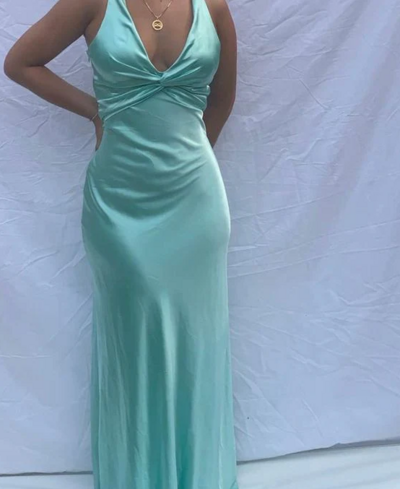 Sexy V Neck Blue Long Backless Prom Dresses