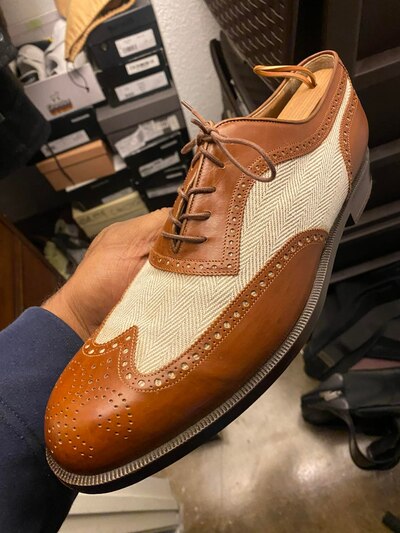 Handmade Men's Extraordinary Structure Brown With Tweed Cultural Wingtip Lace Up Shoes Wedding Edition