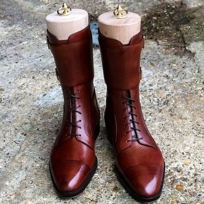 Handmade Men Brown Grain Leather Double Buckle Strap Ankle High Lace up Dress Boot